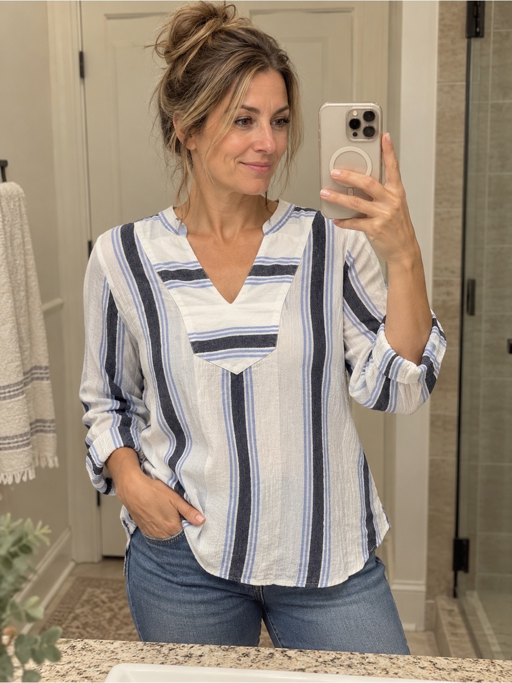 LOFT Striped V-Neck Long-Sleeve Cotton Blouse Blue/White small